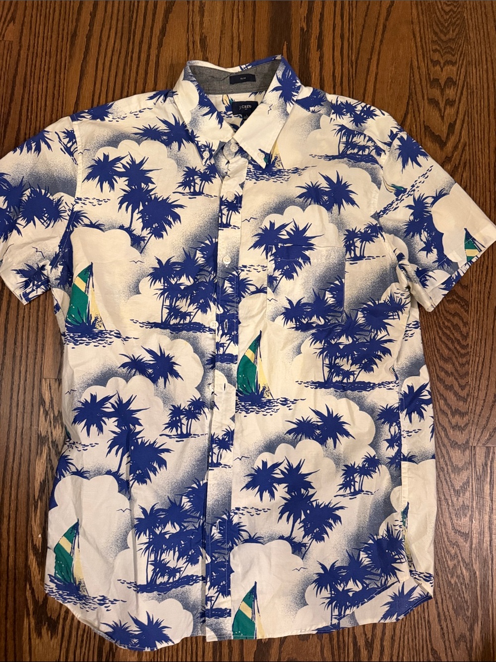 J. Crew Men's Blue & White Hawaiian Palm Short-Sleeve Button Shirt